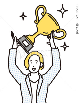 シンプル　イラスト　トロフィーを持つビジネスパーソンの女性 人物 124605410