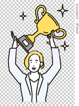 シンプル　イラスト　トロフィーを持つビジネスパーソンの女性 人物 124605410