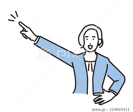 シンプル　イラスト　笑顔で指をさすビジネスパーソンの女性 人物 124605411