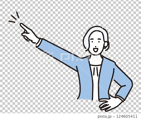 シンプル　イラスト　笑顔で指をさすビジネスパーソンの女性 人物 124605411