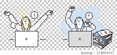 Simple illustration of a business woman working regular hours and overtime 124605437