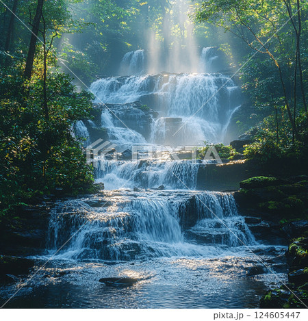 Rainforest Waterfall with Mist at Dawn 124605447