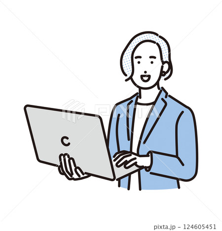シンプル　イラスト　ノートパソコンを持つビジネスパーソンの女性 人物 124605451