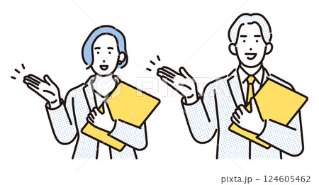 シンプル　イラスト　案内するビジネスパーソンの男性と女性 人物セット 124605462