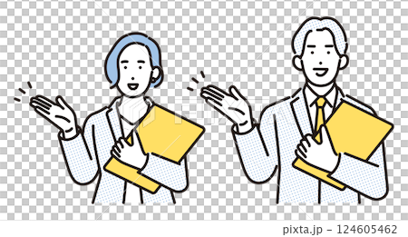 男女商人引導人群的簡單圖示 男女商人引導人群的簡單圖示 124605462