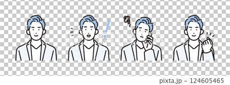 Simple illustration of a young man with various expressions and poses. 124605465
