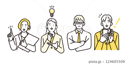 シンプル　イラスト　ポジティブな表情とポーズのビジネスパーソンの男性と女性 人物バリエーション 124605509