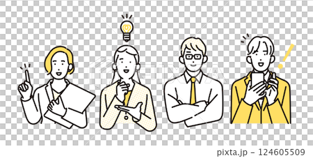 シンプル　イラスト　ポジティブな表情とポーズのビジネスパーソンの男性と女性 人物バリエーション 124605509