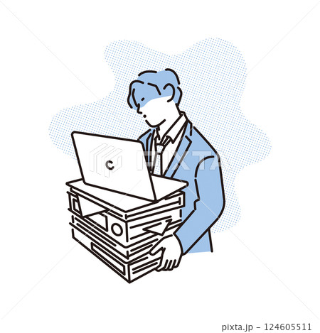 シンプル　イラスト　業務が多すぎてうんざりするビジネスパーソンの男性 人物 124605511