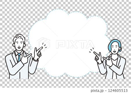 Simple illustration: Smiling male and female business people pointing with their fingers set Simple illustration: Smiling male and female business people pointing with their fingers set 124605513
