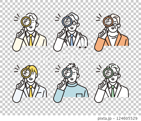 シンプル　イラスト　虫眼鏡を覗くいろいろな職業の男性のアイコンセット 人物 124605529