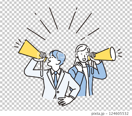 Simple illustration: Male and female business people cheering with megaphones Simple illustration: Male and female business people cheering with megaphones 124605532