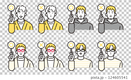 Simple illustration: Casually dressed men holding round and cross cards. Character set Simple illustration: Casually dressed men holding round and cross cards. Character set 124605541