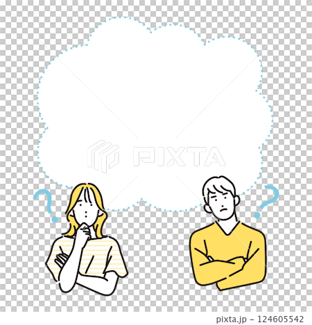 Simple illustration of a young man and woman with a question mark Simple illustration of a young man and woman with a question mark 124605542