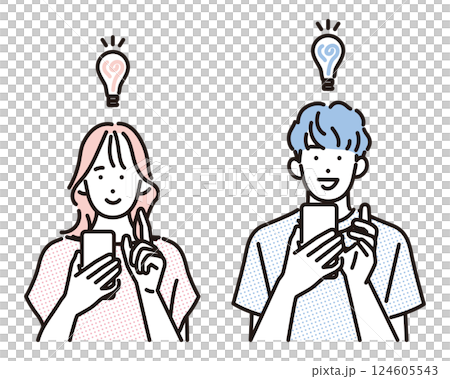 Simple illustration: A young man and woman who have an idea while looking at their smartphone Simple illustration: A young man and woman who have an idea while looking at their smartphone 124605543