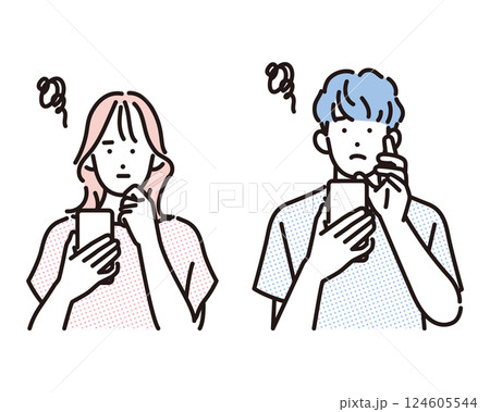 シンプル イラスト スマホを見ながらモヤモヤしている若い男性と女性 人物 シンプル イラスト スマホを見ながらモヤモヤしている若い男性と女性 人物 124605544