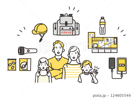 シンプル　イラスト　災害に備えて防災グッズを準備する家族 人物セット 124605549