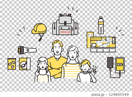 一家人為因應災難準備防災用品的簡單圖示 一家人為因應災難準備防災用品的簡單圖示 124605549