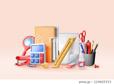 3d set of office stationery elements isolated 3d set of office stationery elements isolated 124605553