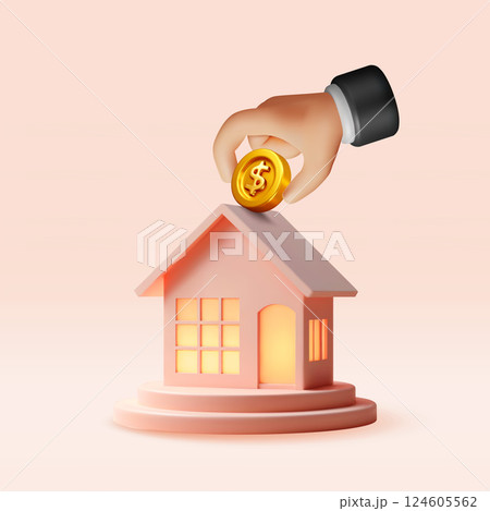 3D businessman putting gold coin in house 124605562