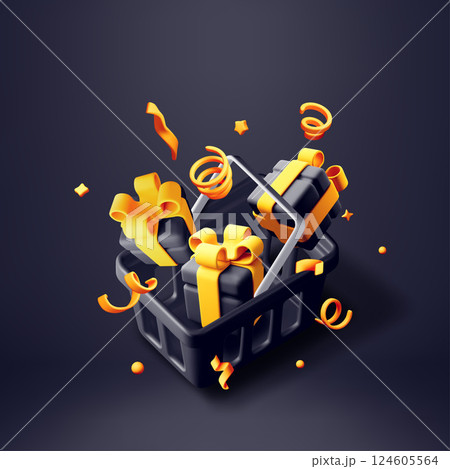 3D Shopping basket with gift boxes in confetti 3D Shopping basket with gift boxes in confetti 124605564