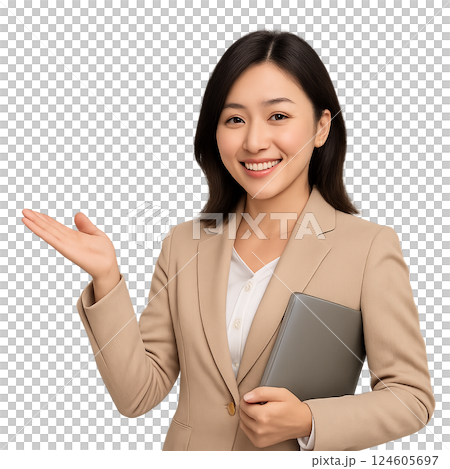 案内するベージュのスーツ姿の女性 124605697