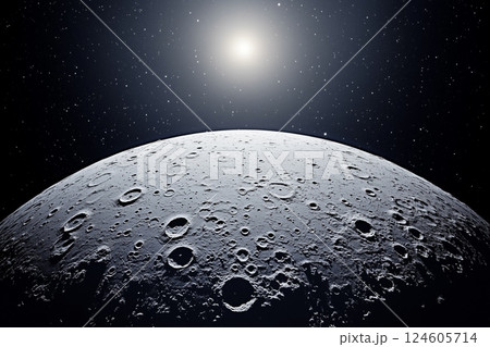 Stunning View of Earth from the Moon's Surface Under Bright Celestial Glow and Twinkling Stars 124605714