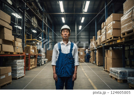 破産した会社の倉庫で落ち込む経営者　AI生成画像 124605805