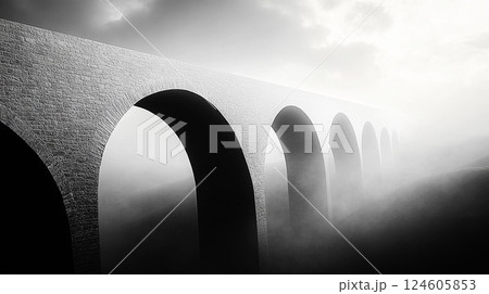 A striking black and white viaduct emerging from thick fog, evoking mystery and allure. 124605853