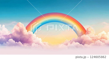 A vibrant rainbow arches gracefully over fluffy clouds in a serene sky. 124605862