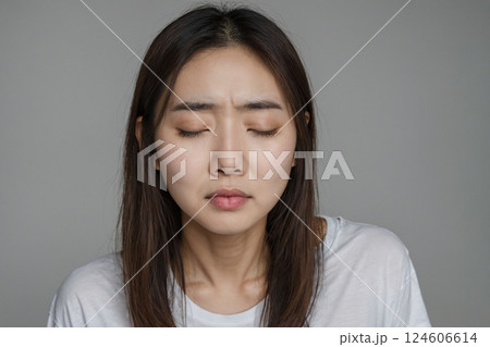 ストレスで目をつぶる女性　AI生成画像 124606614
