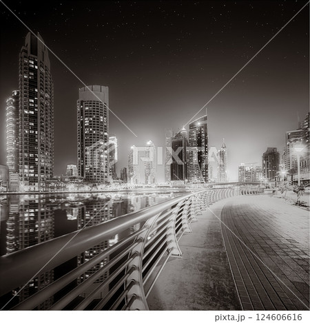 Skyscrapers and bridge over water, black and white style, city background, Dubai Marina bay UAE 124606616