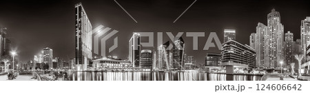Skyscrapers and bridge over water, black and white style, city background, Dubai Marina bay UAE Skyscrapers and bridge over water, black and white style, city background, Dubai Marina bay UAE 124606642