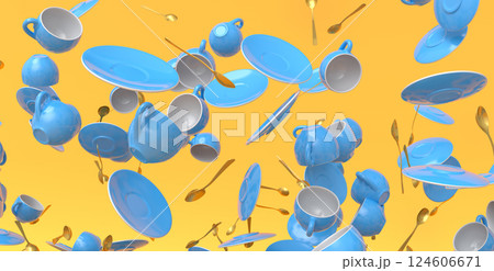 Many of flying ceramic coffee cups for espresso, teaspoons and plates on yellow 124606671