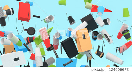 Many of flying of paper coffee cups for cappuccino, americano, espresso on blue Many of flying of paper coffee cups for cappuccino, americano, espresso on blue 124606678