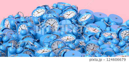 Pile of alarm clocks on pink background. 3d render of wake up time 124606679