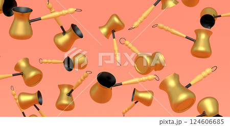 Many of flying Turkish coffee cooked in sand or coffee maker cezve on orange 124606685
