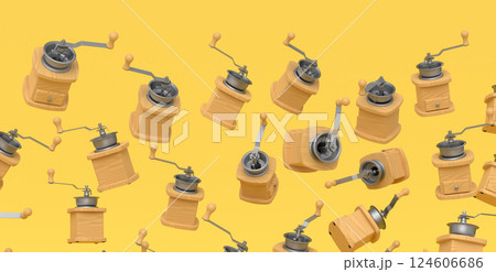 Many of flying manual wooden coffee grinder on yellow background. Many of flying manual wooden coffee grinder on yellow background. 124606686