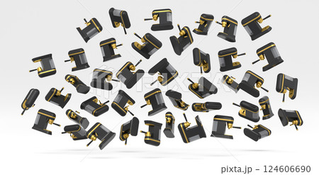 Many of flying professional espresso coffee machine with horn on white 124606690