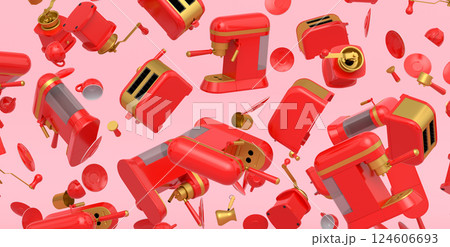 Many of flying espresso machine with horn, cups, geyser coffee maker and grinder 124606693