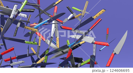 Many of flying chef's kitchen knives on violet background 124606695