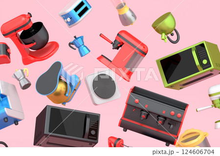 Electric kitchen appliances and utensils for making pastry on pink background 124606704