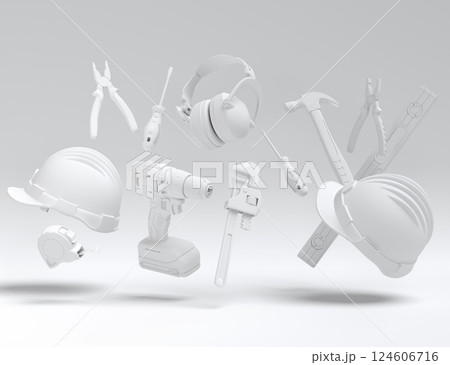 Flying view of monochrome construction tools for repair on white background 124606716