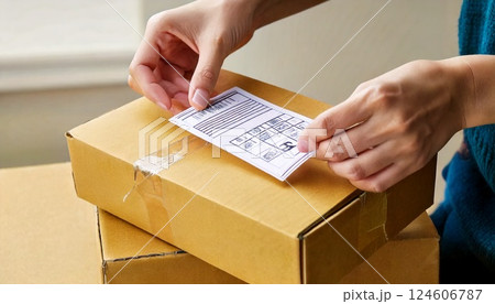 発送する小さな段ボール箱にラベルを貼る手 発送する小さな段ボール箱にラベルを貼る手 124606787