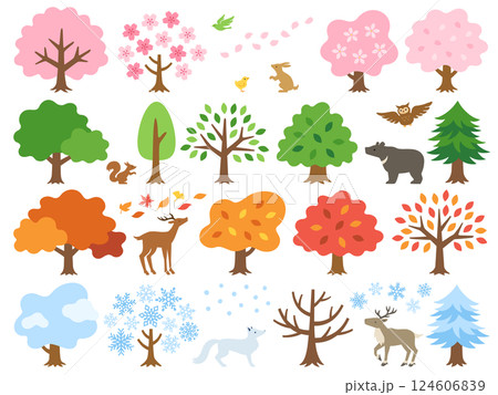 四季の森の木々と動物達のイラストセット 四季の森の木々と動物達のイラストセット 124606839