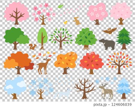 每個季節森林中的樹木和動物的插圖集 124606839