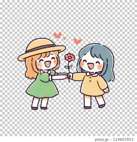 變形,親密朋友女孩送花的插圖,圖標,材料,無背景 變形,親密朋友女孩送花的插圖,圖標,材料,無背景 124607053