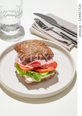 Toast sandwich made of grain bread with prosciutto, tomatoes, lettuce and sauce on light background 124607320