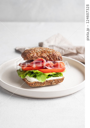 Toast sandwich made of grain bread with prosciutto, cheese, tomatoes, lettuce and sauce on a plate Toast sandwich made of grain bread with prosciutto, cheese, tomatoes, lettuce and sauce on a plate 124607328