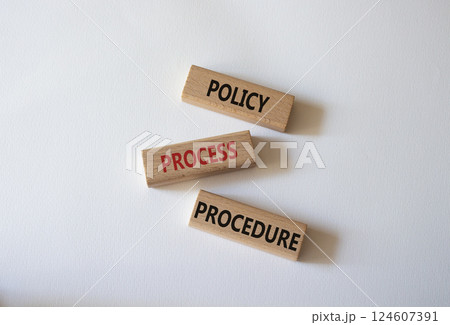 Policy Process Procedure symbol. Concept words Policy Process Procedure on wooden blocks. Beautiful white background. Business concept and Policy Process Procedure. Copy space. 124607391